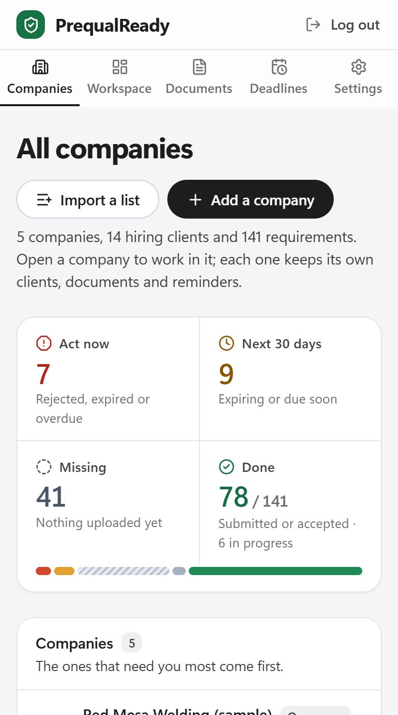 The same list of companies on a phone: the four counts and the start of the companies.