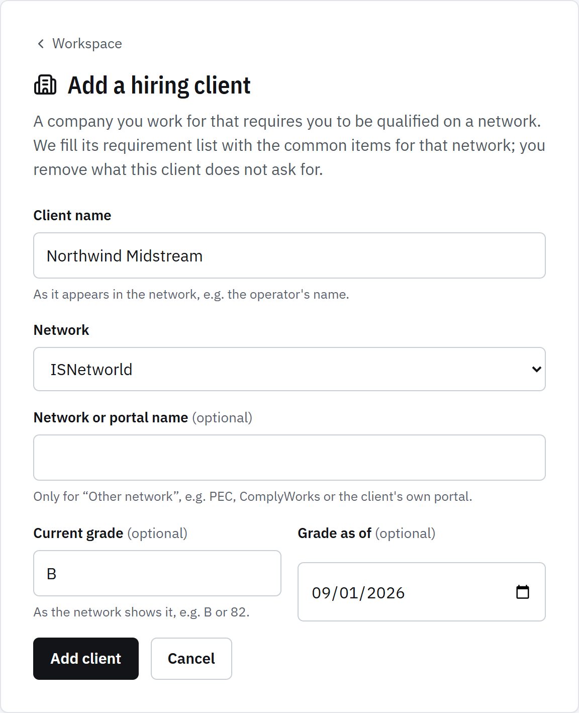 The Add a hiring client form with the client name Northwind Midstream and the network ISNetworld selected.