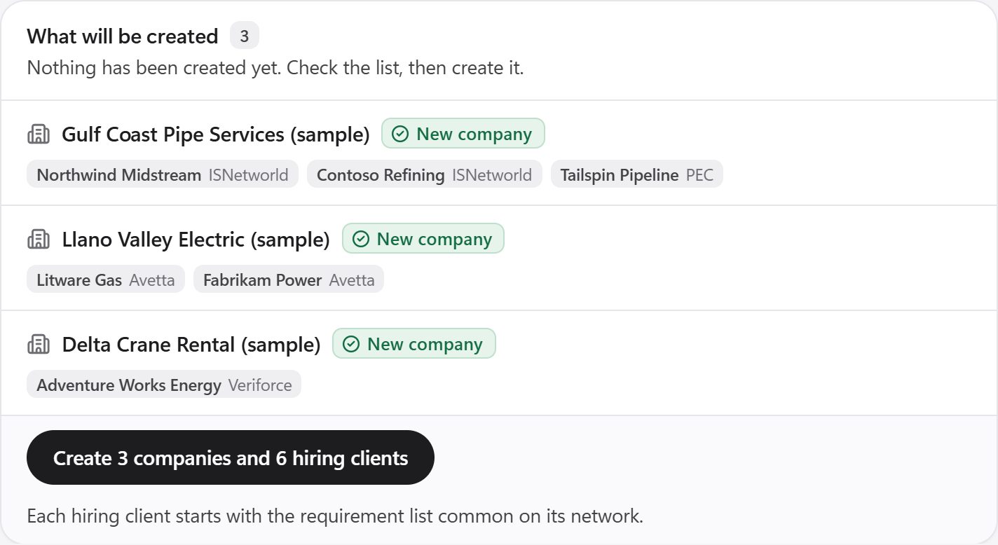 The import preview: three new sample companies, each with its hiring clients and their networks, and a button that creates them.