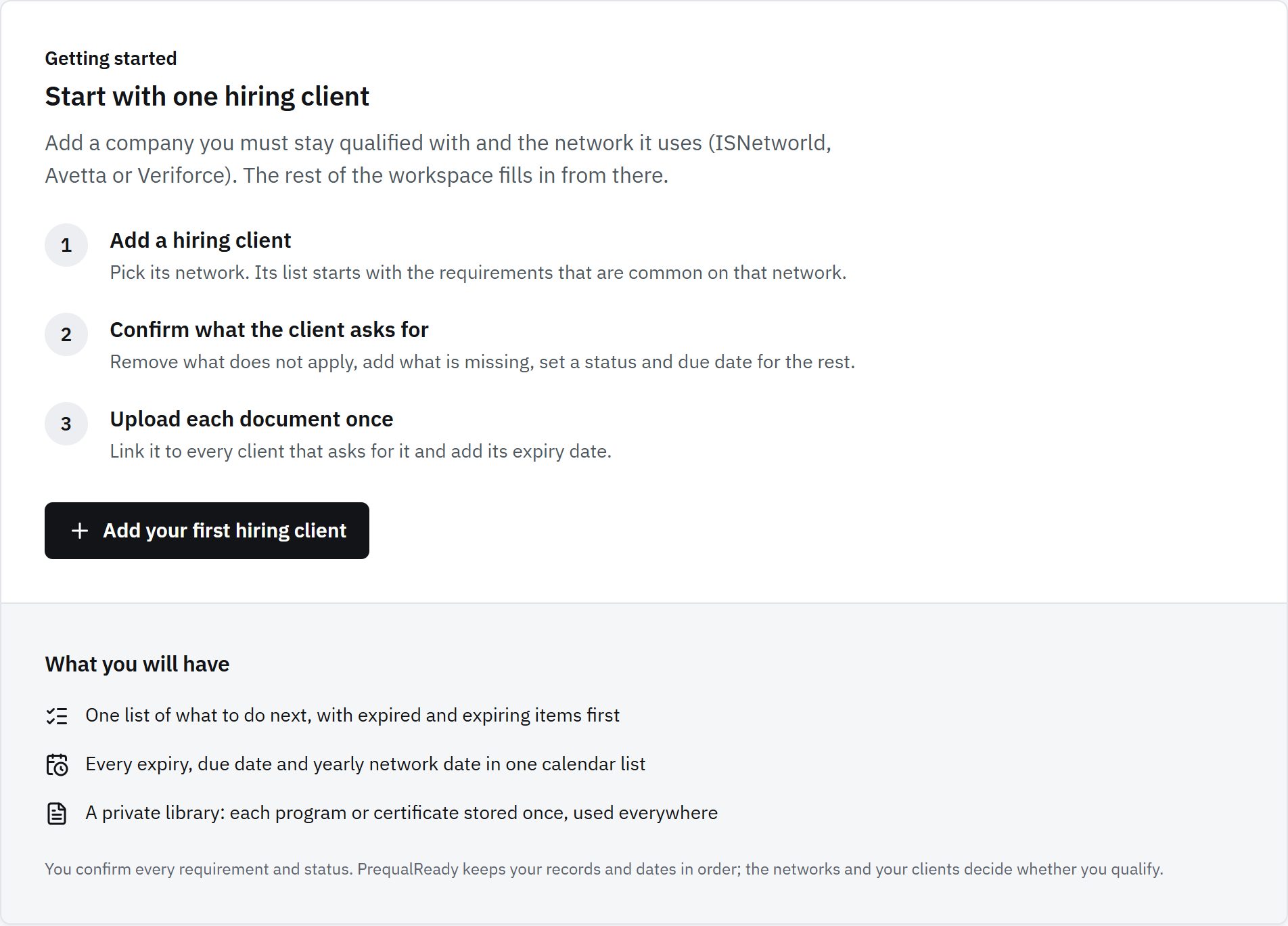 The empty workspace of a new sample company: Getting started, with three steps: add a hiring client, confirm what the client asks for, upload each document once.