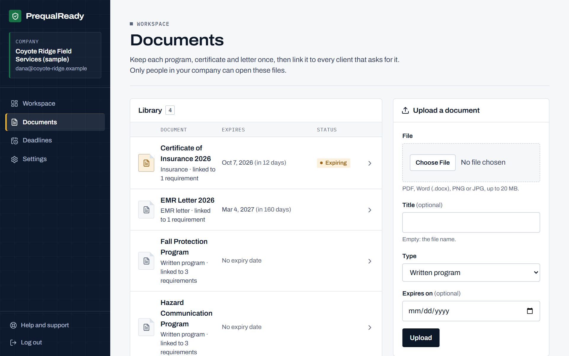 The document library: an insurance certificate expiring in 12 days, an EMR letter, and two written programs each linked to 3 requirements.